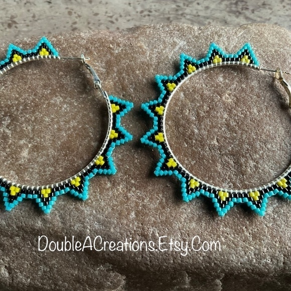 Turquoise and Yellow Sunburst 2” Beaded Hoops, New, Handmade by Me - Picture 6 of 9